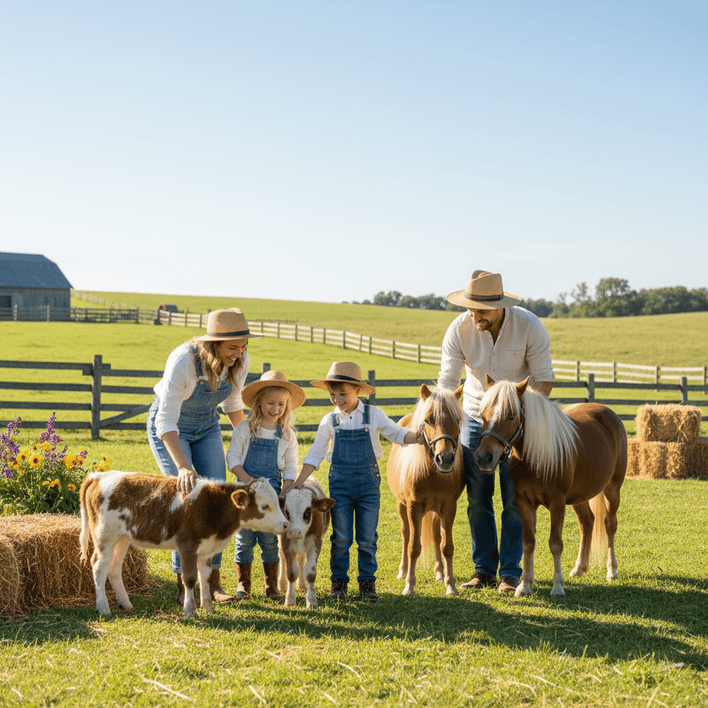Families interacting with mini cows and horses at the farm