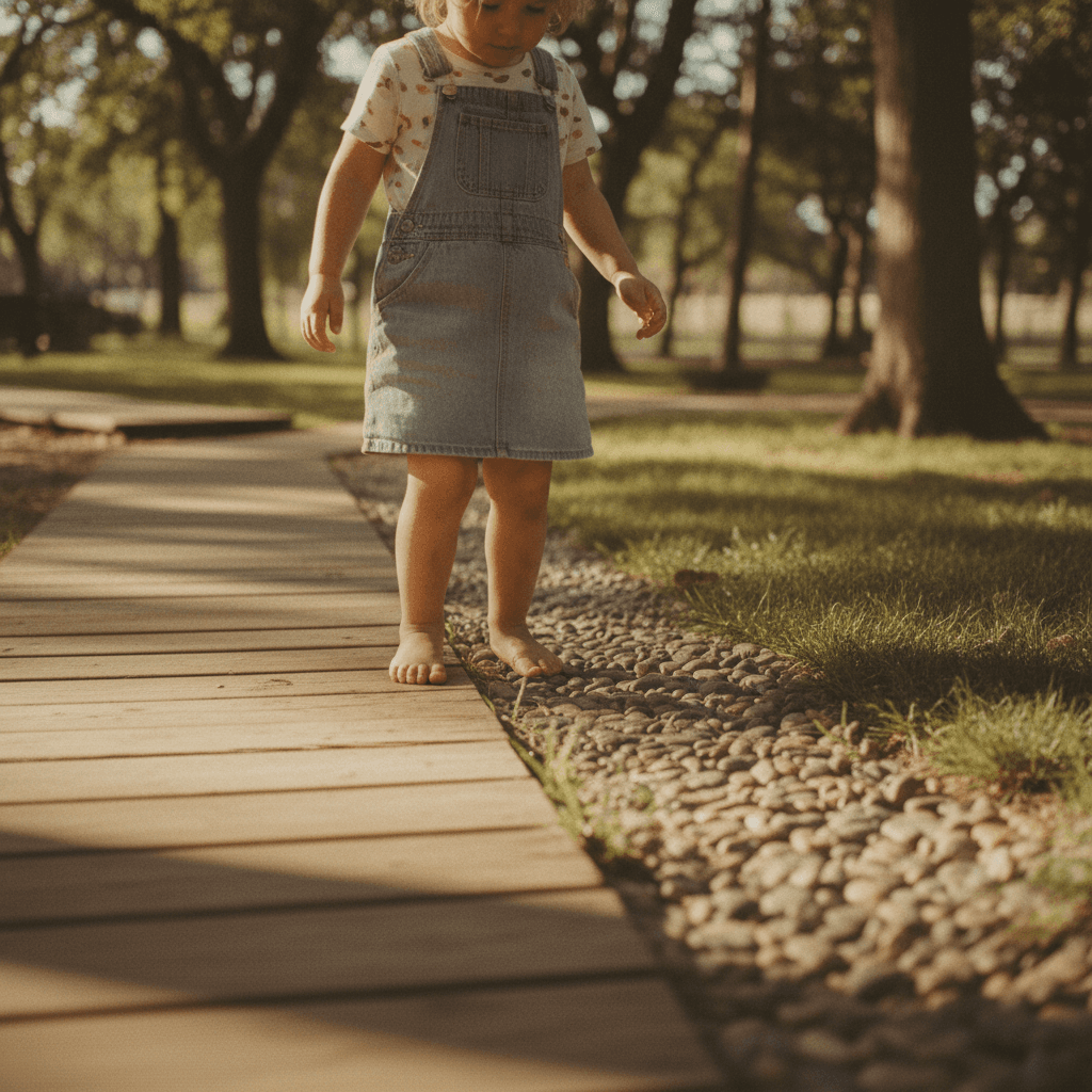 A child's bare feet walking on a wooden sensory trail