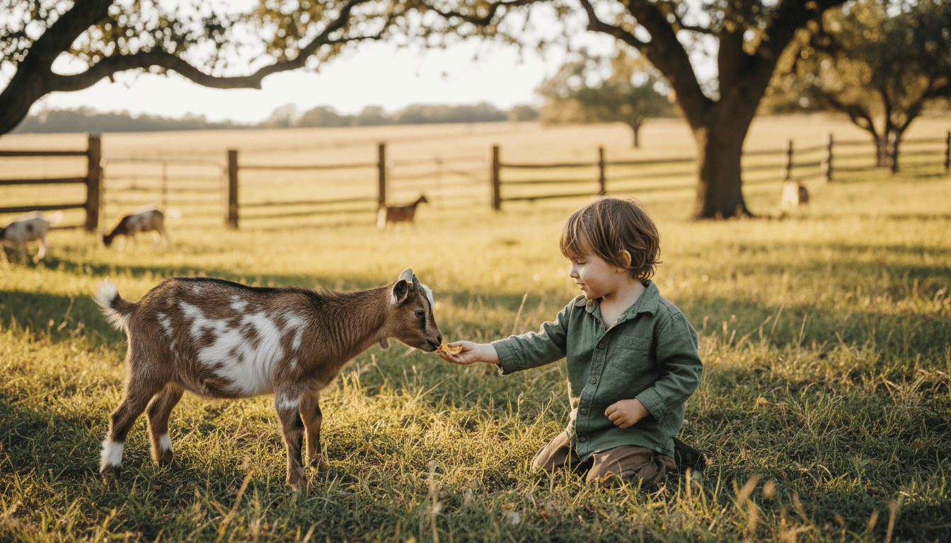 Child feeding miniature goat on a sunny farm in Hudson Florida