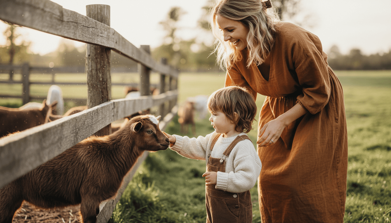 Mother and child interact with a miniature farm animal at WaffleFamily Farm