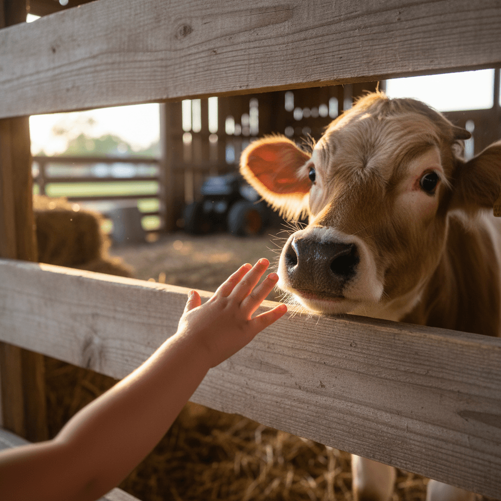 Child petting a miniature cow through a wooden farm fence