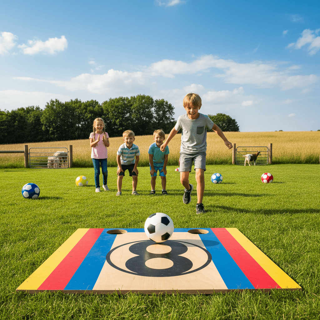 Children playing soccer billiards on a farm lawn