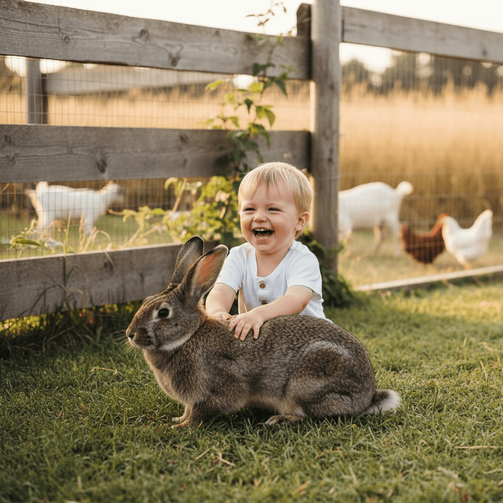 A child smiling while holding a giant bunny
