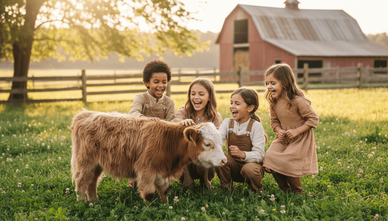 Children petting a miniature cow on a sunny farm