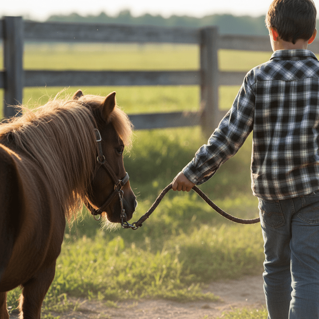 A child walking a mini horse with a lead rope