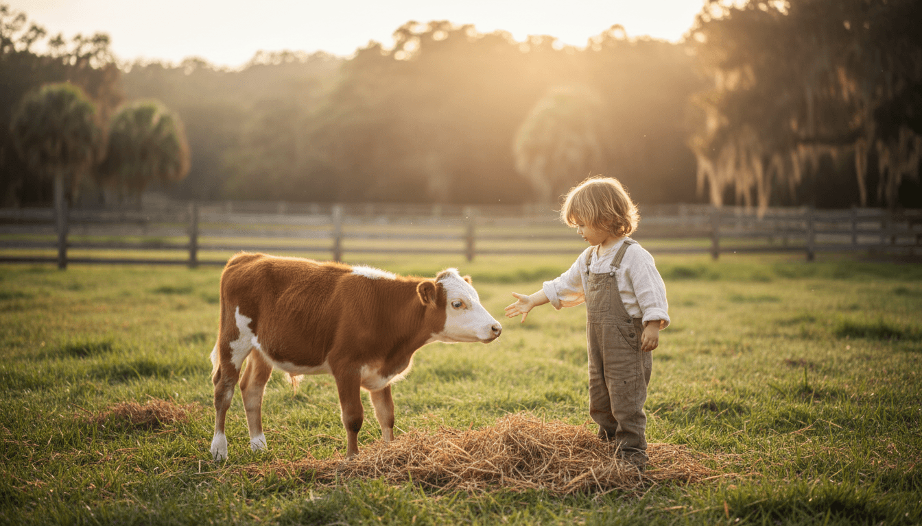 Child petting a miniature cow in a sunlit pasture at WaffleFamily Farm