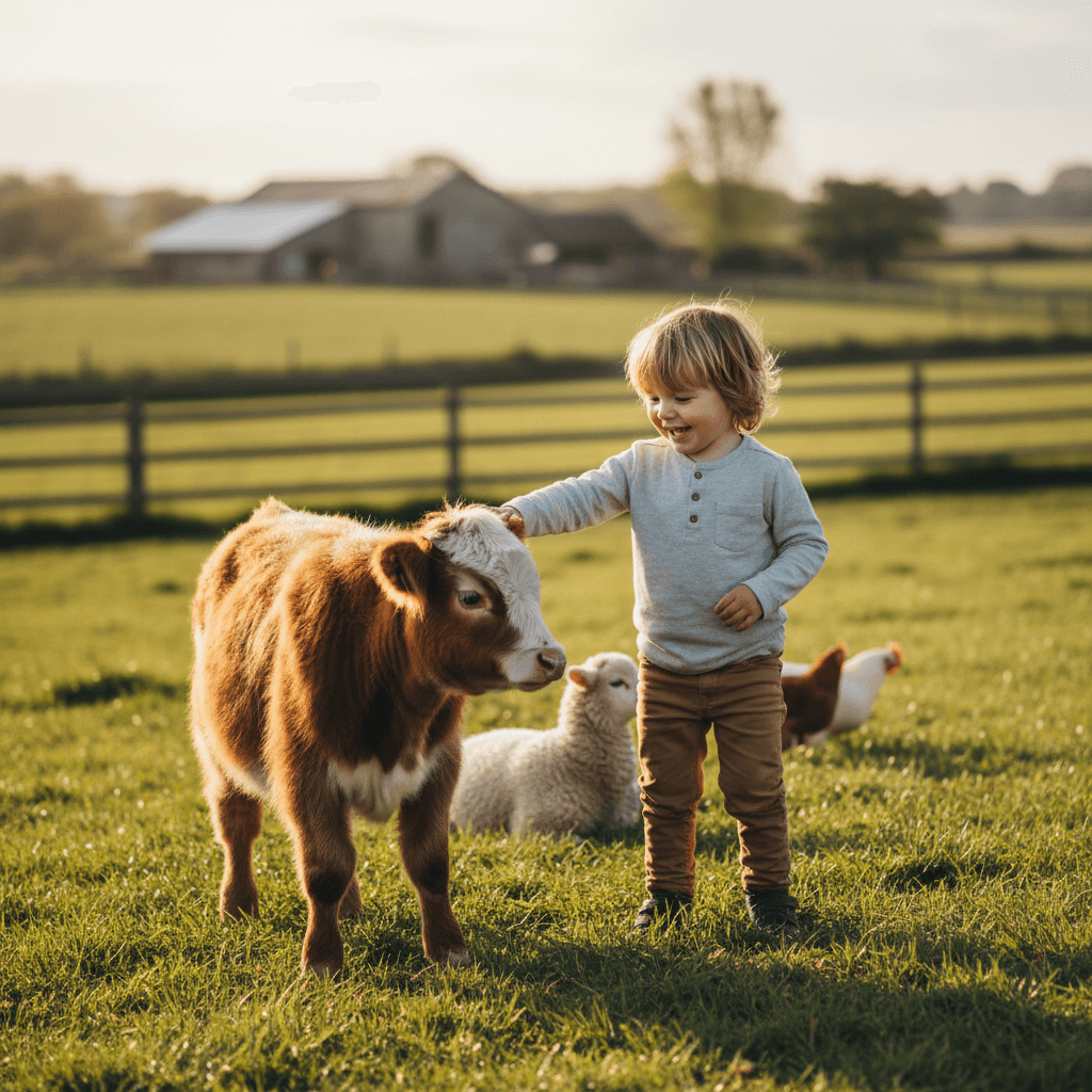 Warm, candid lifestyle aesthetic wide shot of a young child gently petting a mini cow in a pastoral farm setting.