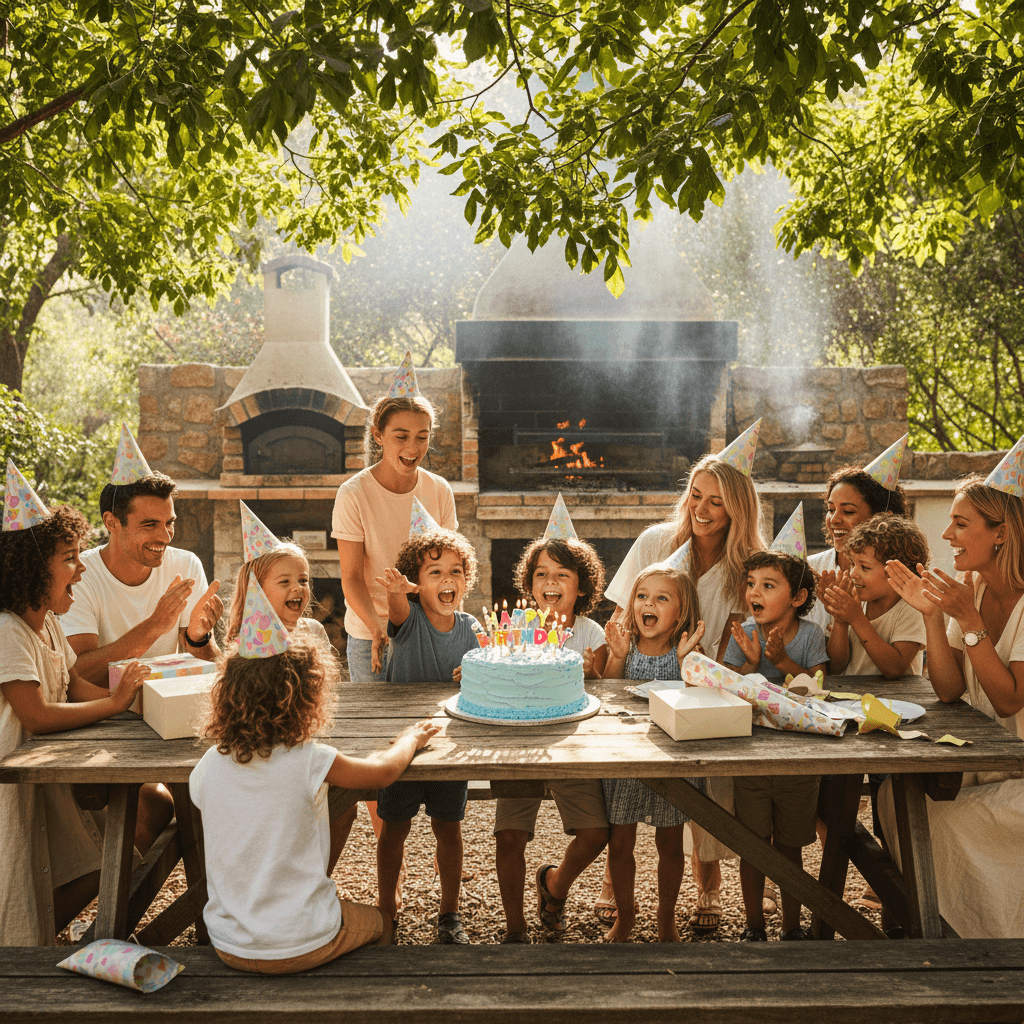 A children's birthday party with cake at a farm picnic table