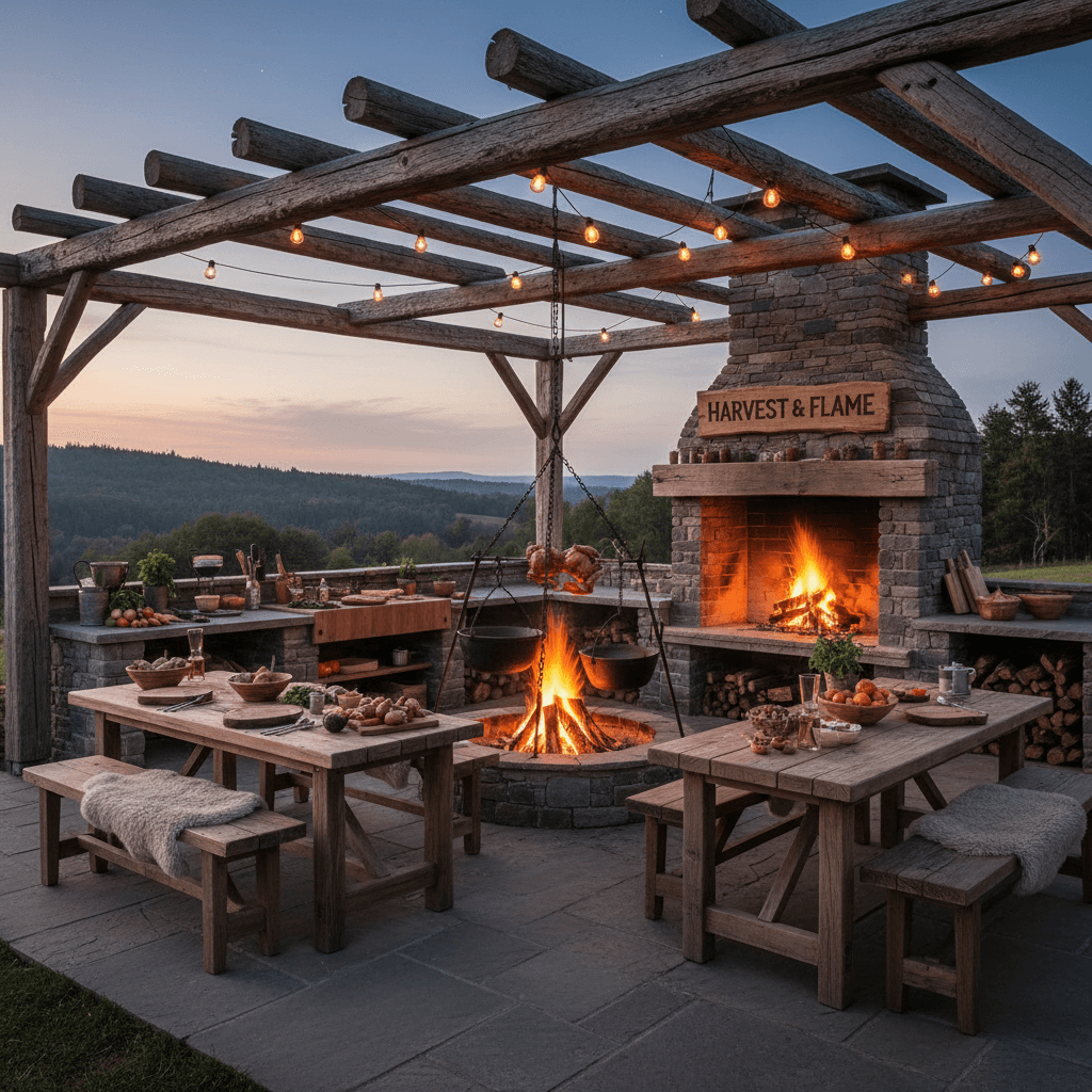 Open-fire kitchen and gathering space at the farm