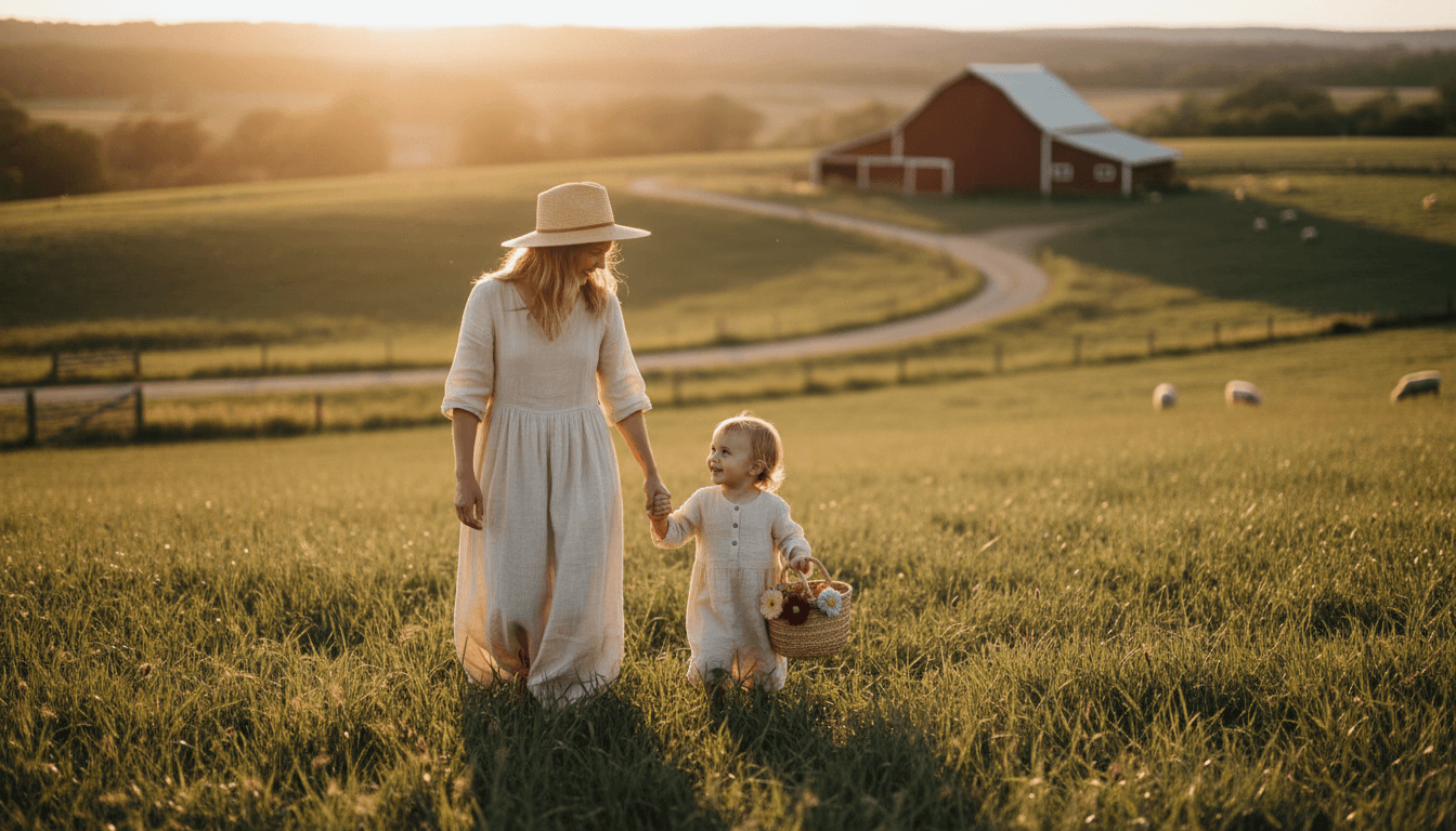 Mother and child walking together through WaffleFamily Farm fields during golden hour