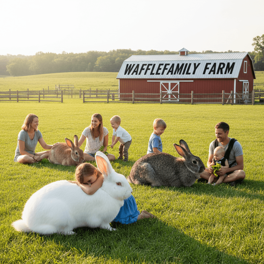 Giant bunnies resting in a grassy area with families interacting nearby at WaffleFamily Farm.