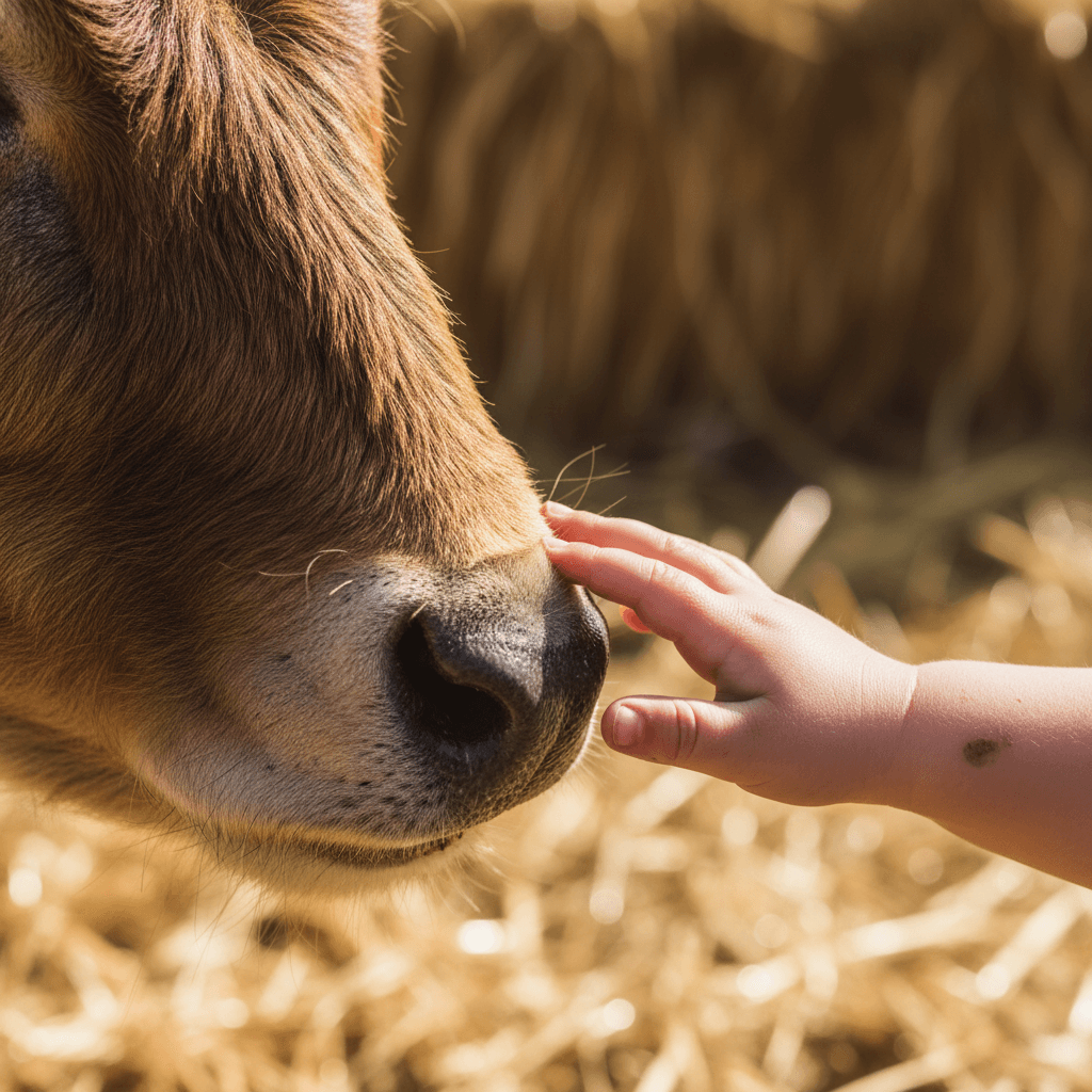 A child's hand touching a farm animal