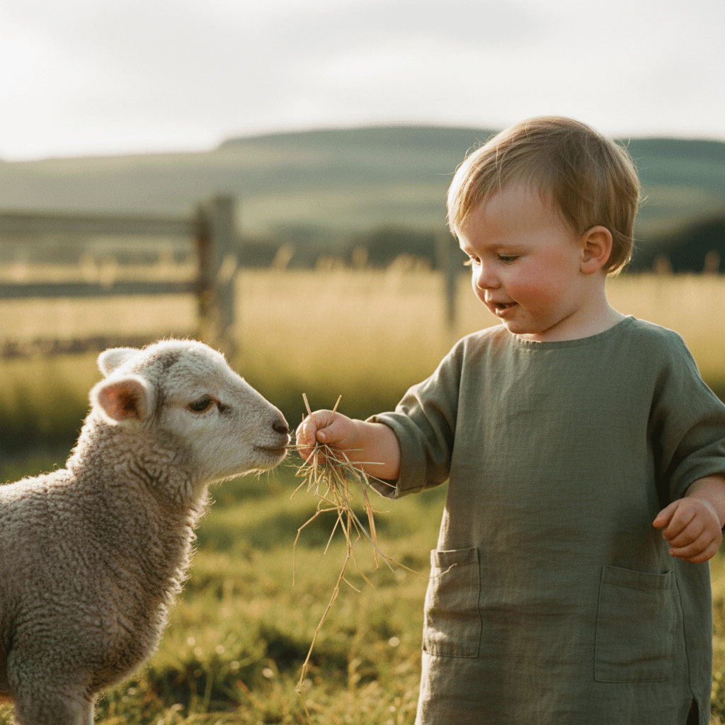 Child interacting with farm animal