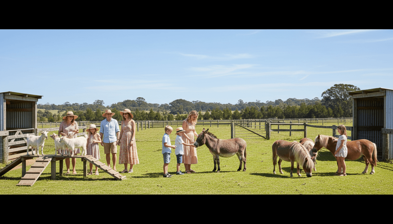 Family laughing together while interacting with farm animals in a peaceful outdoor setting