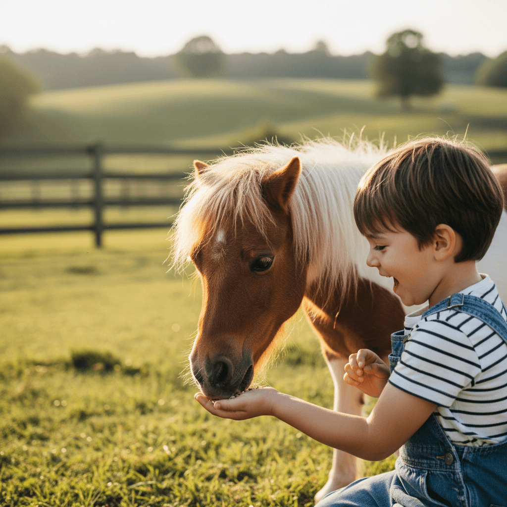 Child's hands feeding treats to miniature horse in sunny pastoral field setting