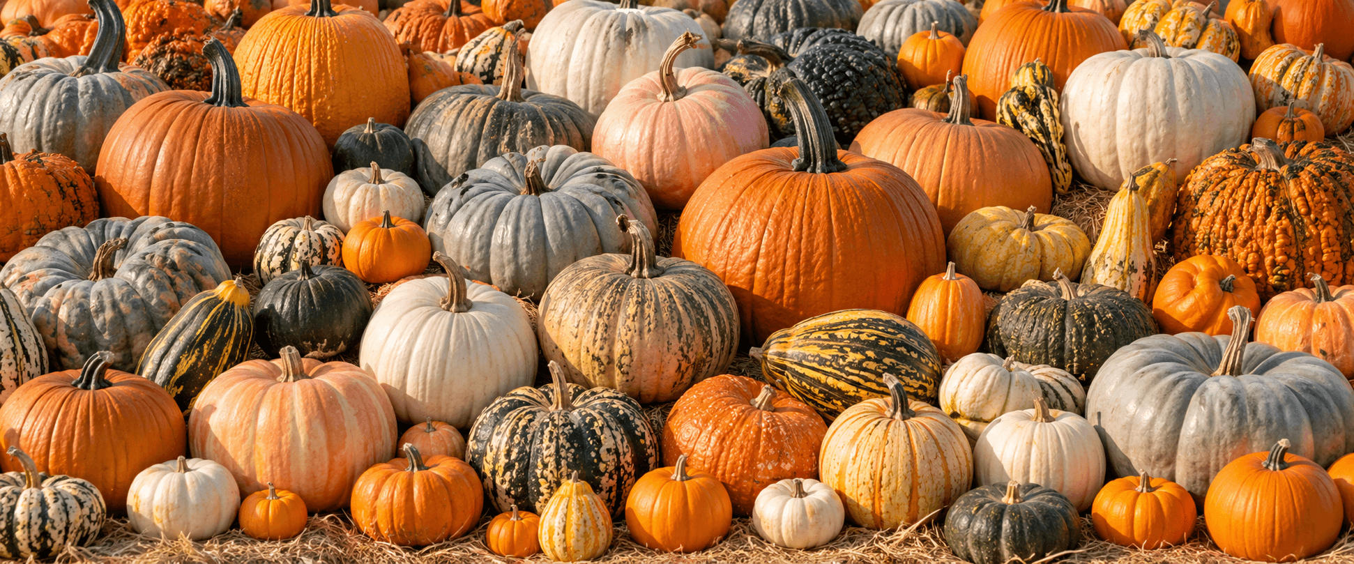 Diverse collection of colorful pumpkins, squashes, and gourds of various shapes and sizes on straw.
